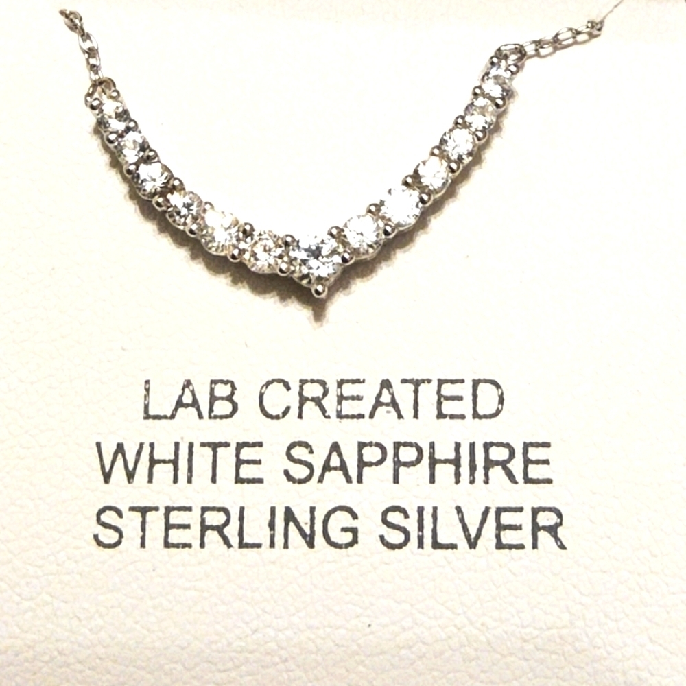Sterling Silver White Sapphire Graduated Necklace Come With Gift Box